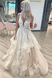 Tulle A-line V Neck Floor Length Wedding Dresses With Lace Appliques, PW390