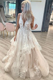 Tulle A-line V Neck Floor Length Wedding Dresses With Lace Appliques, PW390 image 1