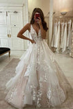 Tulle A-line V Neck Floor Length Wedding Dresses With Lace Appliques, PW390 image 3