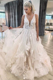 Tulle A-line V Neck Floor Length Wedding Dresses With Lace Appliques, PW390 image 2