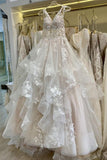 Tulle A-line V Neck Floor Length Wedding Dresses With Lace Appliques, PW390 image 4