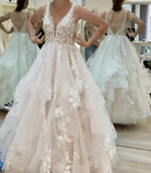 Tulle A-line V Neck Floor Length Wedding Dresses With Lace Appliques, PW390 image 5