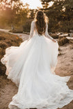 Tulle A Line Deep V Neck Long Sleeves Lace Appliques Wedding Dress, PW396 | backless wedding dress | ivory wedding dress | vintage wedding dress | promnova.com