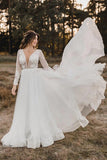 Tulle A Line Deep V Neck Long Sleeves Lace Appliques Wedding Dress, PW396
