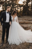 Tulle A Line Deep V Neck Long Sleeves Lace Appliques Wedding Dress, PW396 | cheap lace wedding dress | bohemian wedding dress | bridal gown | promnova.com