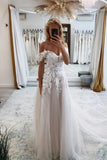Tulle A Line Off-the-Shoulder Boho Wedding Dresses With Lace Appliques, PW534 | sexy wedding dress | wedding dresses near me | cheap lace wedding dresses online | promnova.com