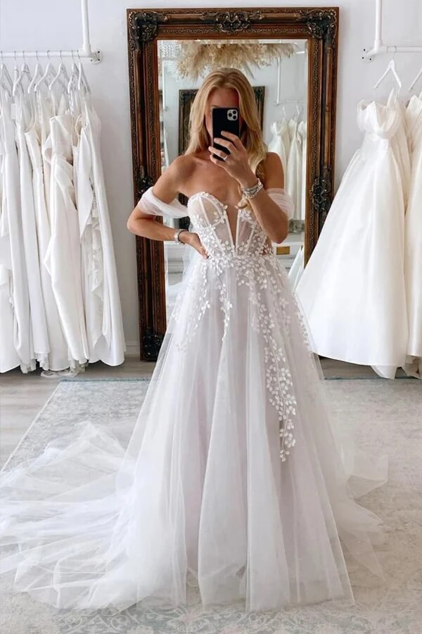 off shoulder sweetheart wedding dress A Line Off Shoulder Sweetheart Lace Wedding Dress, PW500