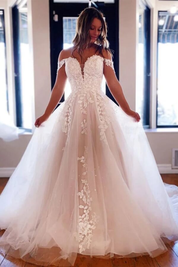 Tulle A Line Princess Off Shoulder Lace Wedding Dress PW473