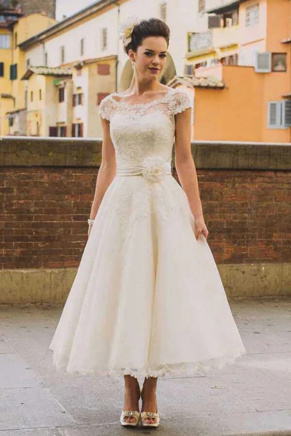Tulle A Line Short Wedding Dresses With Appliques, PW407 | Promnova US18W / Custom Color Tulle A Line Short Wedding Dresses With Appliques, PW407 | Promnova US18W / Custom Color