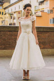 Tulle A Line Princess Tea Length Wedding Dresses With Lace Appliques, PW407 | short wedding dress | lace wedding dress | beach wedding dress | promnova.com