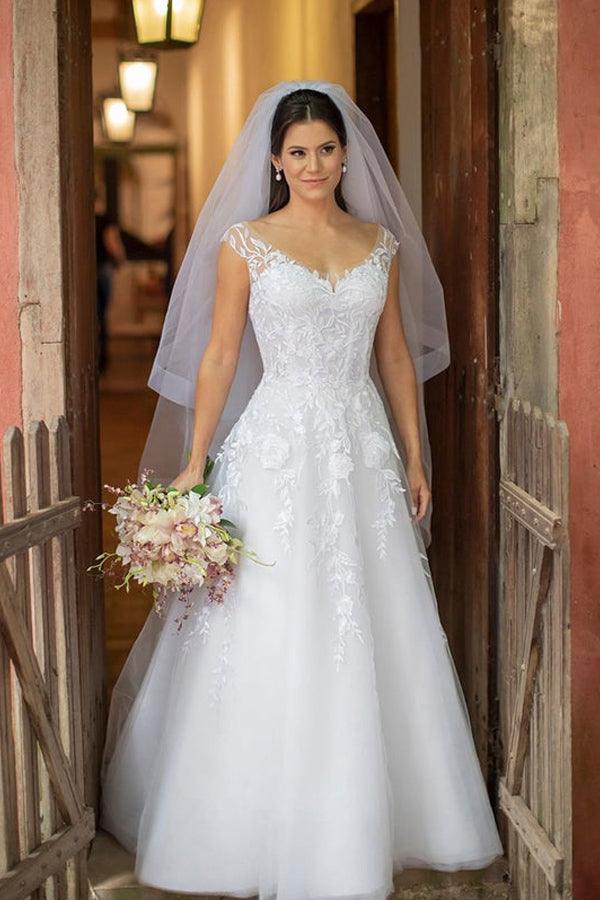 Tulle A Line Scoop Neck Floral Lace Wedding Dresses, PW437