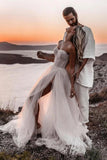 Tulle A Line Sweetheart Bohemian Simple Wedding Dresses With Slit, PW507