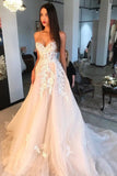 Tulle A Line Sweetheart Neck Lace Appliques Wedding Dresses With Train, PW526 | lace wedding dress | simple wedding dress | affordable wedding dresses online | promnova.com
