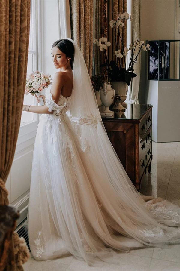 a line dress casual midi A-Line Backless Off-the-Shoulder Sweetheart Lace Long Wedding Dress –  27dress main image 0