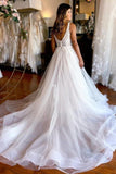 Tulle A Line V Neck Beach Wedding Dresses With Appliques, Bridal Gown, PW384 | v neck wedding dress | vintage wedding dresses | wedding dress stores | promnova.com