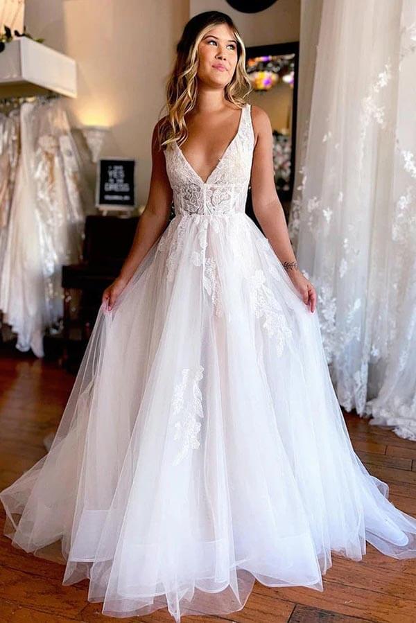 Tulle A Line V Neck Beach Wedding Dresses With Appliques, Bridal Gown, PW384 | cheap wedding dresses | wedding dresses online | bridal dress | promnova.com