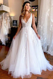 Tulle A Line V Neck Beach Wedding Dresses With Appliques, Bridal Gown, PW384