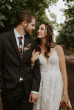 Tulle A Line V Neck Lace Appliqued Spaghetti Straps Wedding Dresses, PW400 | tulle wedding dress | v neck wedding dress | outdoor wedding dress | promnova.com