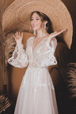 Tulle A Line V Neck Lace Top Long Sleeves Beach Wedding Dress, Bridal Gown, PW518 | wedding dress with sleeves | vintage wedding dress | wedding dress stores | promnova.com