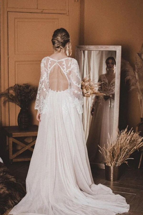 v neck lace top wedding dress Fabulous Deep V-Neck Lace Top Mermaid Long Sleeve Wedding Dress US16W / As Picture
