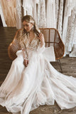 Tulle A Line V Neck Lace Top Long Sleeves Beach Wedding Dress, Bridal Gown, PW518