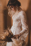 Tulle A Line V Neck Lace Top Long Sleeves Beach Wedding Dress, Bridal Gown, PW518 | modest wedding dress | wedding dresses online | lace wedding gown | promnova.com