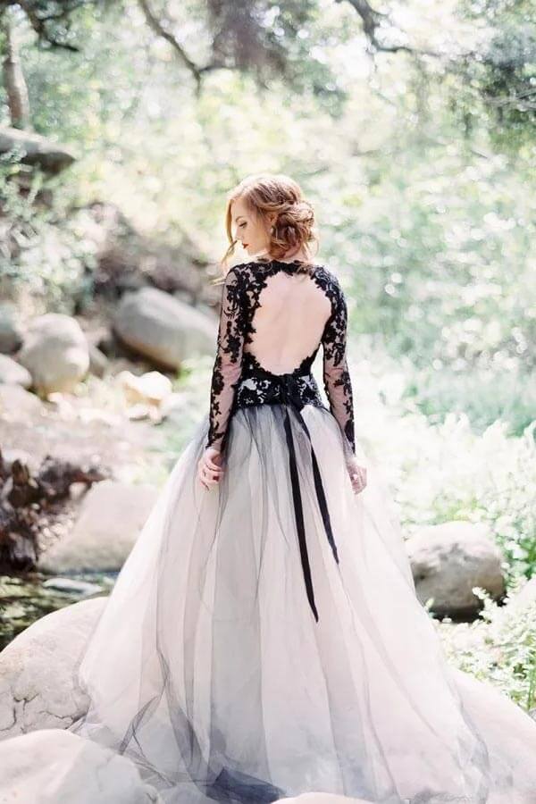 Tulle A Line Black Lace Appliqued Wedding Dresses, PW381 | Promnova US4 / As Picture