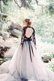 Tulle A Line V Neck Long Sleeves Black Lace Appliqued Wedding Dresses, PW381 | cheap wedding dresses | affordable wedding dresses | wedding dress stores | promnova.com