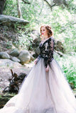 Tulle A Line V Neck Long Sleeves Black Lace Appliqued Wedding Dresses, PW381