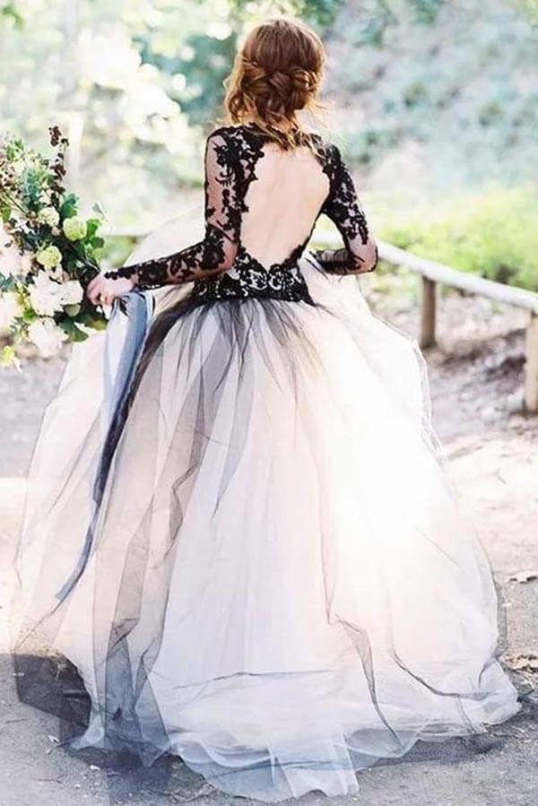Tulle A Line V Neck Long Sleeves Black Lace Appliqued Wedding Dresses, PW381 | beach wedding dresses | vintage wedding dresses | bridal gown | promnova.com