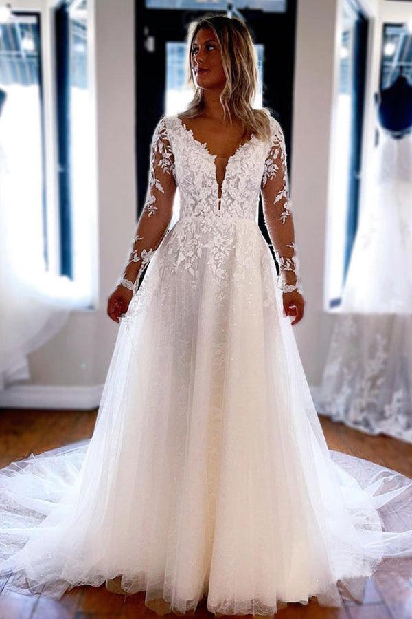 Tulle A Line V Neck Long Sleeves Lace Wedding Dress, PW369