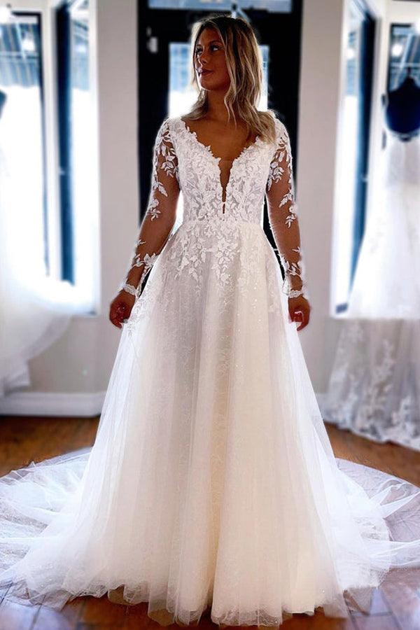 Tulle A Line V Neck Long Sleeves Lace Wedding Dress, PW369 | Promnova Tulle A Line V Neck Long Sleeves Lace Wedding Dress, PW369 | Promnova