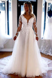 Tulle A Line V Neck Long Sleeves Lace Appliques Wedding Dresses, PW369