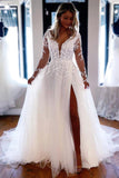 Tulle A Line V Neck Long Sleeves Lace Appliques Wedding Dresses, PW369 | long sleeves wedding dresses | wedding gowns | cheap wedding dresses online | promnova.com