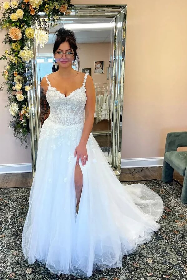 boho wedding dress with slit Plus Size Boho Wedding Dress with Lace and V-Neck - Long Sleeves Wedding Dress with Deep Front Cut and High Slit