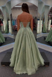 Tulle Green A Line Sweetheart Strapless Prom Dress With Lace Appliques, PL745 image 2