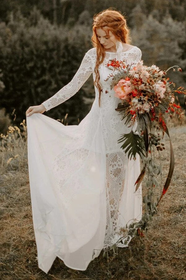 Tulle Lace A-line Long Sleeves Beach Wedding Dresses, PW402 | Promnova Tulle Lace A-line Long Sleeves Beach Wedding Dresses, PW402 | Promnova