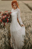 Tulle Lace A-line Scoop Backless Long Sleeves Beach Wedding Dresses, PW402 | vintage wedding dress | bohemian wedding dress | wedding dresses near me | promnova.com
