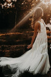 Tulle Lace A Line V Neck Bohemian Rustic Wedding Dresses, Bridal Gown, PW505 image 4