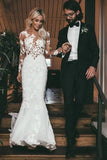 Tulle Mermaid Long Sleeves Wedding Dresses With Lace Appliques, PW379