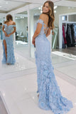 Tulle Mermaid Off Shoulder Corset Long Prom Dresses With 3D Floral Lace, PL668 | backless prom dresses | long formal dress | blue prom dress | promnova.com