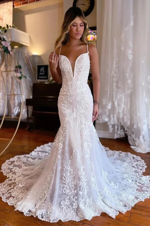 Tulle Mermaid Spaghetti Straps Lace Wedding Dresses, PW450 | Promnova Tulle Mermaid Spaghetti Straps Lace Wedding Dresses, PW450 | Promnova