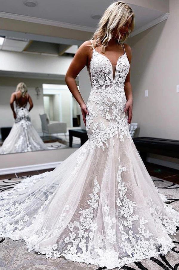 Tulle Mermaid Spaghetti Straps Lace Appliques Wedding Dresses With Train, PW361 | mermaid lace wedding dresses | v neck wedding dress | cheap lace wedding gown | promnova.com