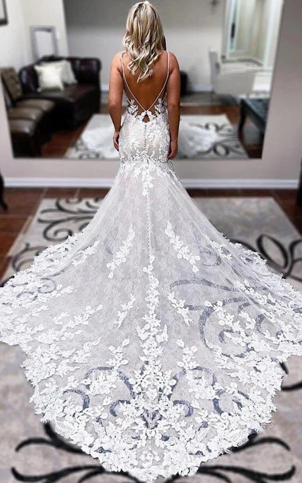 Tulle Mermaid Spaghetti Straps Lace Appliques Wedding Dresses With Train, PW361 | lace wedding dresses | cheap wedding dresses online | promnova.com