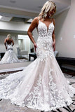 Tulle Mermaid Spaghetti Straps Lace Appliques Wedding Dresses With Train, PW361