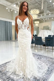 Tulle Mermaid V Neck Backless Wedding Dresses With Lace Appliques, PW527 | cheap lace wedding dress | bohemian wedding dress | wedding dress stores | promnova.com