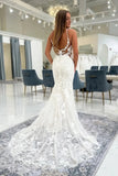 Tulle Mermaid V Neck Backless Wedding Dresses With Lace Appliques, PW527 | backless wedding dress | ivory lace wedding dress | vintage wedding dress | promnova.com