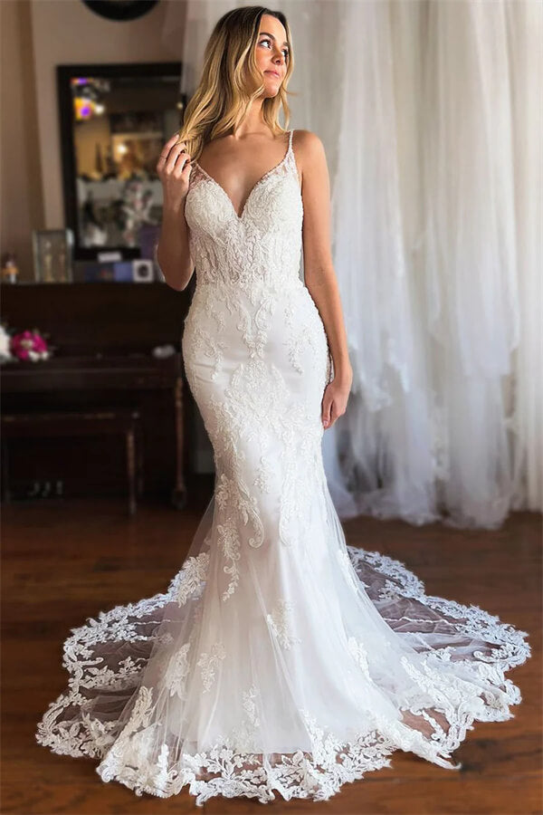 Tulle Mermaid V Neck Lace Appliques Wedding Dresses, PW497 | Promnova US2 / As Picture