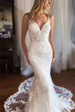 Tulle Mermaid V Neck Lace Appliques Wedding Dresses, Bridal Gown, PW497 | backless wedding dress | wedding dress near me | bohemian wedding dress | promnova.com