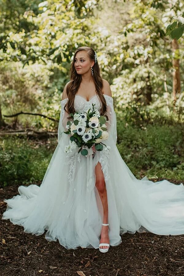 Tulle Off Shoulder Long Sleeve Boho Wedding Dresses, PW504